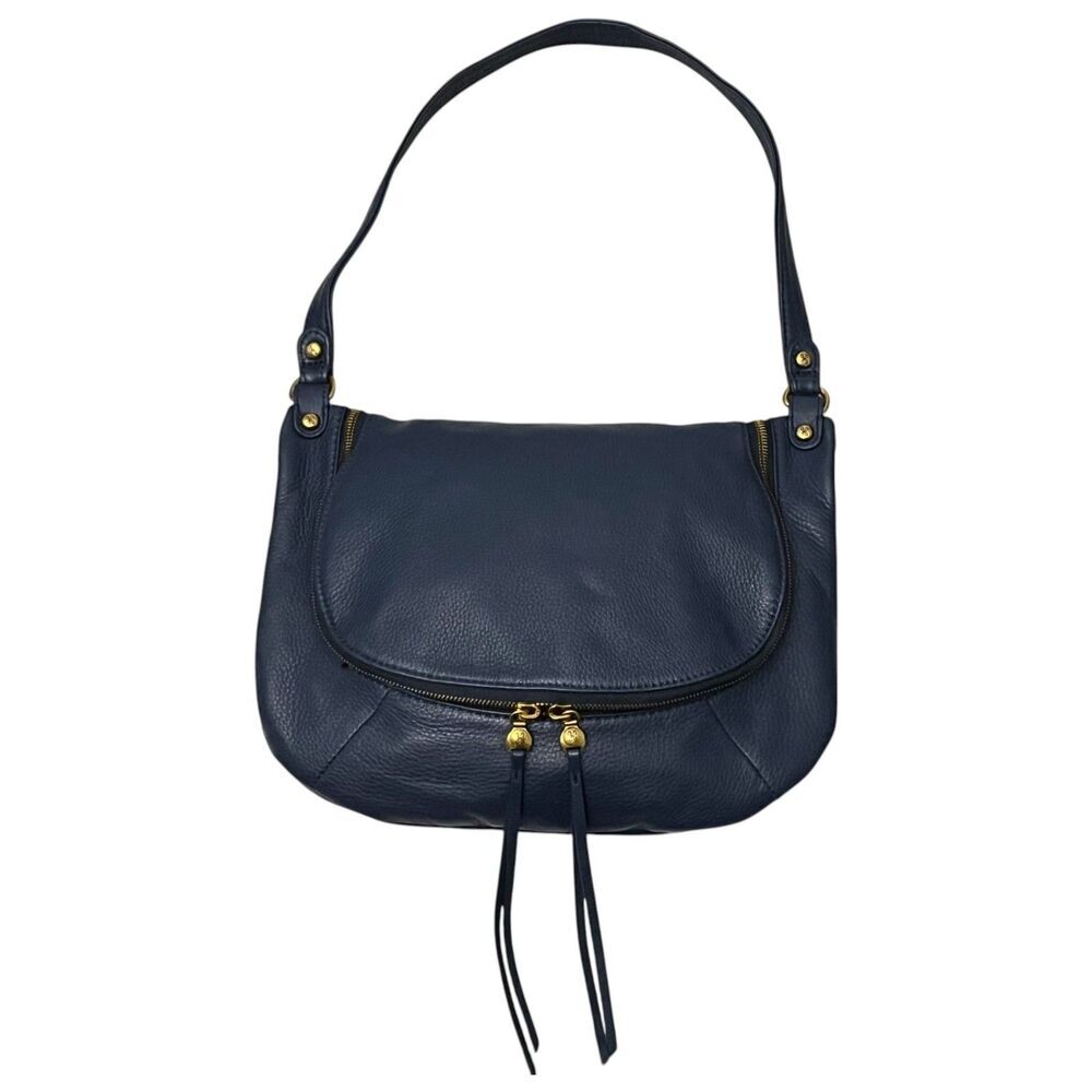 HOBO Fern Medium Shoulder Bag Navy Pebbled Leather Brass Hardware Slouchy